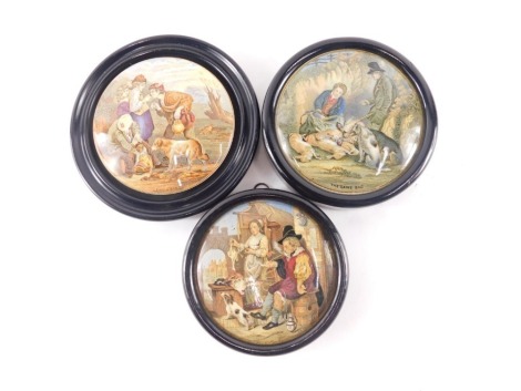 Three Prattware pot lids, to include The Game Bag, Lend a Bite, etc.