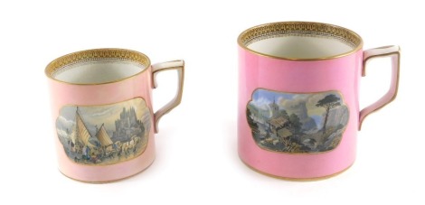 Two Prattware mugs, each printed with continental scenes, on a pink ground, maker stamp in brown to underside, 13cm and 10cm high respectively.