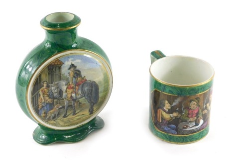 A 19thC Prattware moon flask shaped vase, printed with The Trooper to one side, with a green marbled border, 16cm high, and a Prattware mug, decorated with figures smoking, 9cm high.