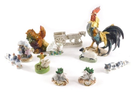 A Capodimonte style figure of a cockerel, and various other continental porcelain figures, to include farm animals.