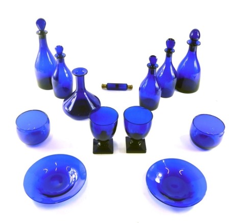 Various Bristol Blue decanters and stoppers, finger bowls, a pair of rummers, double ended scent bottle, etc.