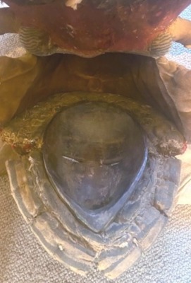 An African tribal Big Dan warrior mask, embellished with horns, shells, etc., with black, cream and red painted face and feather borders, Cote D'Ivoire, circa 1960, 50cm high. - 2