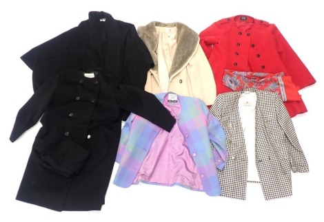 A quantity of ladies clothing, to include a ladies Jaeger black coat, a multicoloured checked jacket stamped Avoca collection, Aquascutum jacket etc.