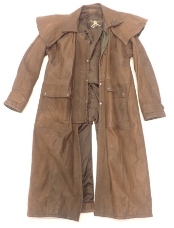 A full length size medium brown calf skin coat.