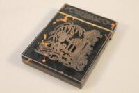 A 19thC tortoiseshell card case inset with applied white metal chinoiserie and antiquarian scenes