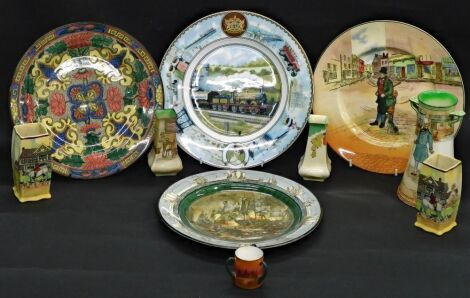 Four Royal Doulton cabinet plates, comprising The Dickens ware Bill Sykes, Battle of Trafalgar, and a pink floral plate, together with a Coalport train collectors plate, 27cm wide, together with a Royal Doulton Series ware two handled vase Mr Micawber, a 