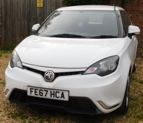 An MG 3 VTI, registration FE67 HCA, five door hatchback, petrol, white, 11,832 recorded mileage, first registered 14/11//2017, MOT expired 13/11/2022. V5 present.