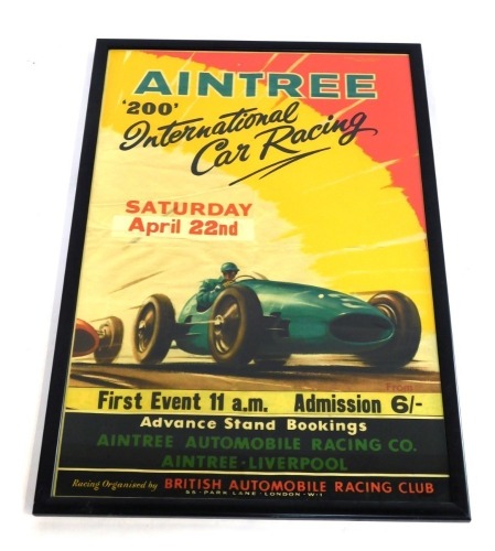 A mid century Aintree 200 International Car Racing poster, for Saturday April 22nd, 76cm x 49cm, framed and glazed.