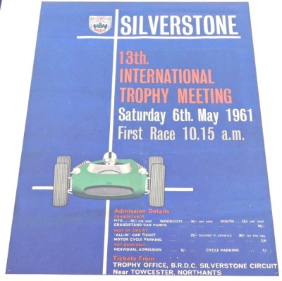 A Silverstone 13th International Trophy Meeting poster, for Saturday 6th May 1961, blue background, 70cm x 47cm, framed and glazed. - 2