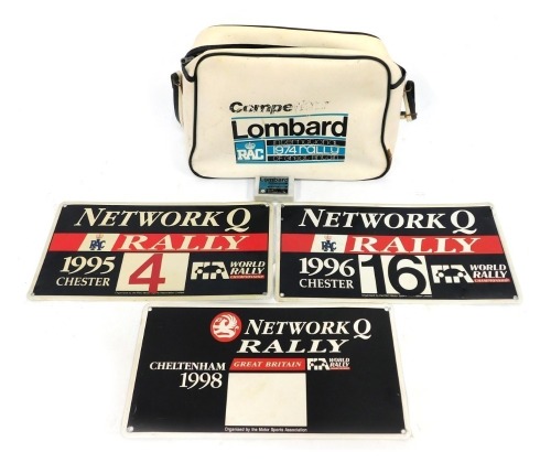 An RAC 1974 International Rally of Great Britain bag, together with a York November 74 paperweight, and bonnet plates including Network Q RAC Rally 1995 Chester No 4 Colin McRae, etc. (5)