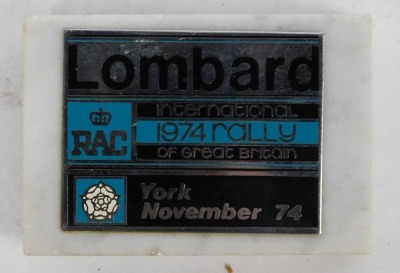 An RAC 1974 International Rally of Great Britain bag, together with a York November 74 paperweight, and bonnet plates including Network Q RAC Rally 1995 Chester No 4 Colin McRae, etc. (5) - 3