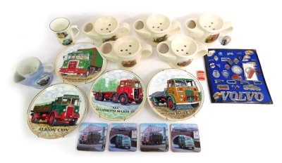 Transport related items, including Wade shaving mugs of steam engines, various badges including Mercedes, Ford, Volvo, etc. (1 tray)