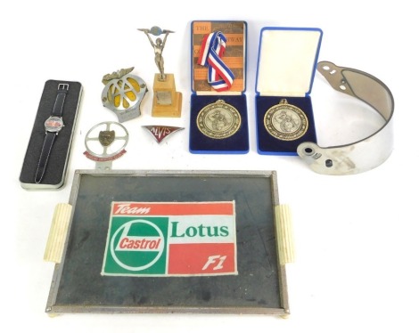 Automobilia related items, including an RAC International Rally 1960 Class 3 Second Place trophy, Lenham Storage sponsored Formula Junior Championship medals, A.A membership badge, Alvis badge, Jaguar Driver's Club badge, etc. (a quantity)