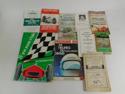 Motor racing programmes, including Foster's British Grand Prix 2001, Goodwood Revival 2003, John Player Grand Prix Silverstone 14th July 1973, RAC European Grand Prix Brands Hatch 11th July 1964, John Player Grand Prix press information pack, etc. (a quan - 2