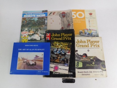 Motor racing programmes, including Foster's British Grand Prix 2001, Goodwood Revival 2003, John Player Grand Prix Silverstone 14th July 1973, RAC European Grand Prix Brands Hatch 11th July 1964, John Player Grand Prix press information pack, etc. (a quan - 3