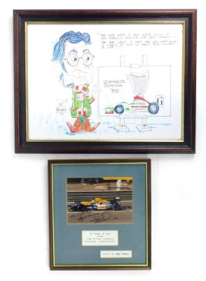 Motor racing framed pictures, comprising caricature of Eddie Jordan signed by Eddie Jordan and a personalised Nigel Mansell signed picture. (2)