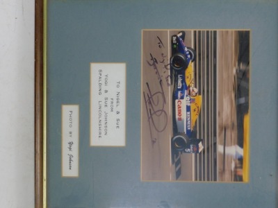 Motor racing framed pictures, comprising caricature of Eddie Jordan signed by Eddie Jordan and a personalised Nigel Mansell signed picture. (2) - 4