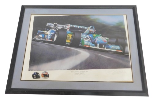 After Gavin MacLeod. Michael Schumacher, Down to the Wire, artist signed print, of Michael Schumacher's Benetton B194 and Damon Hill's Williams FW16, framed, 74cm high, 97cm wide.