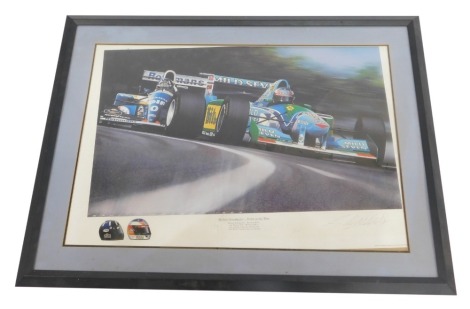 After Gavin MacLeod. Michael Schumacher, Down to the Wire, artist signed print, of Michael Schumacher's Benetton B194 and Damon Hill's Williams FW16, framed, 74cm high, 97cm wide.