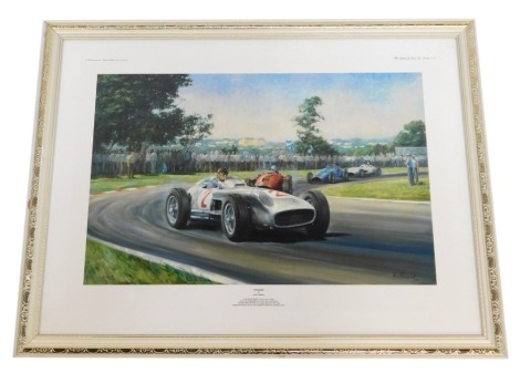 After Alan Fearnley. Fangio, limited edition artist print of Juan Manual Fangio on his way to victory in his Mercedes Benz W196, framed, 58cm high, 76cm wide.