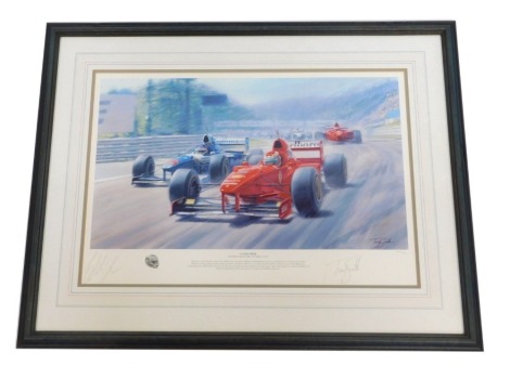 After Tony Smith. Eager Eddie, Japanese Grand Prix October 12th 1997, artist limited edition print, signed by Tony Smith and Eddie Irvine, framed, 61cm high, 80cm wide, with certificate of authenticity attached to rear of frame.