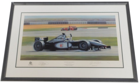 After Gerald Coulson. Coulthard's Finest Moment, artist signed print of David Coulthard, British Grand Prix Silverstone 11th July 1999, also signed by David Coulthard, framed, 57cm high, 88cm wide, with certificate of authenticity attached to rear of fram