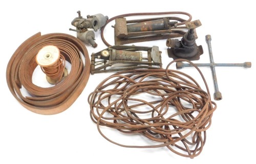 A group of wiring, Dunlop foot pump, safety foot pump, axle, an SU Adderley Park carburetor, etc. (2 boxes)