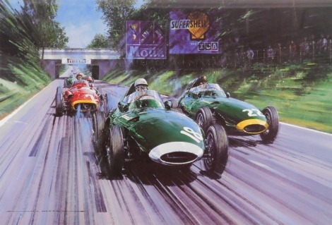 After Nicholas Watts. British Racing Green, signed limited edition print 226/750, bearing further signatures for Tony Brooks, Stirling Moss, and Frank Costin, 45cm x 64cm.