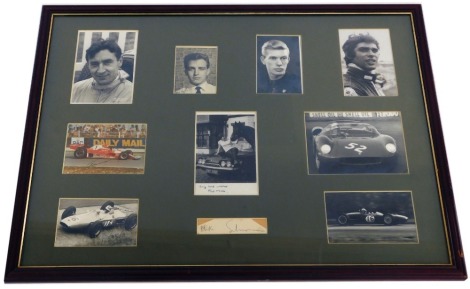 An automobile related photographic montage, depicting racing car drivers, various racing cars, etc, bearing some signatures for Roy Salvadori, Pat Moss, etc.