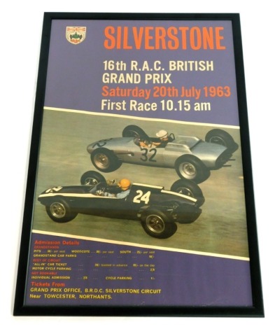 Silverstone 16th RAC British Grand Prix poster, for Saturday 20th July 1963, 77cm x 48cm, framed and glazed.