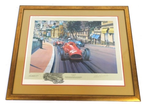 After Nicholas Watts. Jaguar at Whitehouse - Le Mans 1953, signed limited edition print 229/500, bearing various further signatures, 44cm x 64cm.