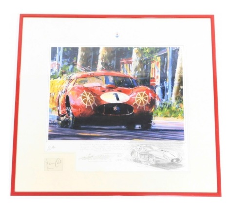 After Nicholas Watts. Le Mans 1957, signed limited edition print 1/25, bearing signature of Stirling Moss and Frank Costin, with certificate of authenticity, 32cm x 47cm.