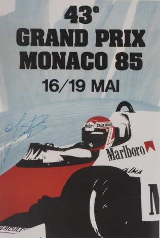 A reproduction Grand Prix Monaco 1985 poster, 16th - 19th May, bearing facsimile signature, 81cm x 52cm.