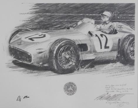 Nicholas Watts (b.1947). Stirling Moss winning his first Grand Prix in 1955, signed pencil drawing, bearing signature for Stirling Moss, 34cm x 44cm.