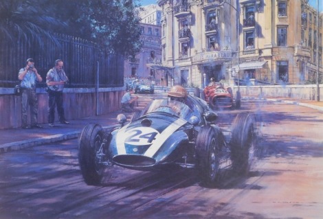 After Nicholas Watts. World Champions 1959, limited edition 9/500, signed print by the artist and by Sir Jack Brabham and John Cooper, 44cm x 64cm.