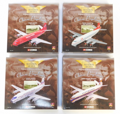 Four Corgi Aviation Archive Classic Propliners diecast models, 1:144 scale, comprising Vickers Viscount Continental Airlines, Vickers Viscount 800 Series Lufthansa, Vickers Viscount 806 Virgin Atlantic Airways, and Vickers Viscount Parcel Force, boxed.