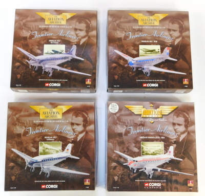 Four Corgi Aviation Archive diecast models, 1:144 scale, comprising Douglas DC3 Lufthansa, Douglas Dakota (DC3)-BEA, Douglas DC3 Air France, and Douglas DC3-KLM, boxed.