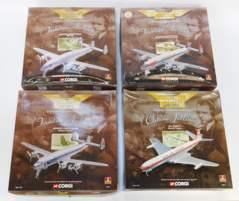 Four Corgi Aviation Archive diecast models, comprising Classic Jet Liners DH Comet 4, Frontier Airlines Lockheed Constellation Eastern Airlines and Pan AM, and Lockheed Constellation Braniff International Airways, boxed.