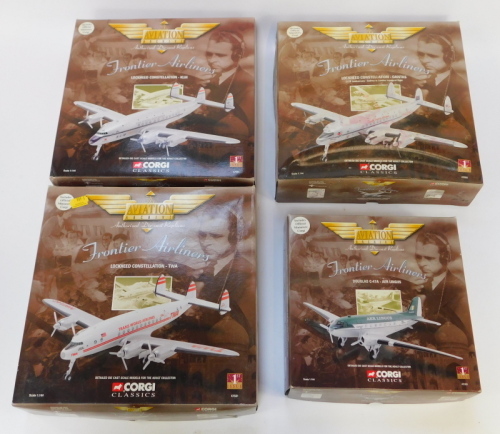 Four Corgi Aviation Archive diecast models, 1:144 scale, from the Frontier Airlines Range, comprising Lockheed Constellation TWA, Lockheed Constellation Qantas, Lockheed Constellation KLM, and Douglas C-47A Aer Lingus, boxed.