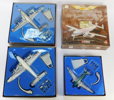 Four Corgi Aviation Archive diecast models, 1:144 scale, from the Frontier Airlines Range, comprising Lockheed Constellation TWA, Lockheed Constellation Qantas, Lockheed Constellation KLM, and Douglas C-47A Aer Lingus, boxed. - 2