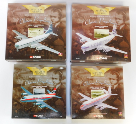 Four Corgi Aviation Archive diecast models, 1:144 scale, from the Classic Propliners Range, comprising Boeing Stratocruiser Pan Am, Boeing 377 Stratocruiser, Vickers Viscount 700 series, British European Airways and British Eagle, boxed.