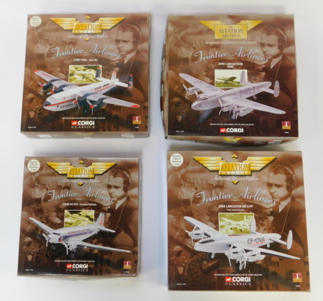 Four Corgi Aviation Archive diecast models, 1:144 scale, from the Frontier Airliners Series, comprising Avro Lancaster MKX99, Avro York Dan Air, Douglas DC3 Eastern Airliners, and Avro Lancastrian BOAC, boxed.