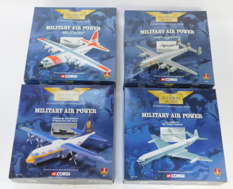 Four Corgi Aviation Aircraft diecast models, 1:144 scale, from the Military Air Power Series, comprising Lockheed KC-130F Hercules, US Marine Corps Blue Angels, United States Coast guard, DH Comet C4 RAF Transport Command, and Lockheed C-121A Constellatio