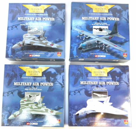 Four Corgi Aviation Archive diecast models, 1:144 scale, from the Military Air Power Series, comprising Avro Vulcan B2 XM607 RAF 44SQDN, Avro Vulcan B2, Avro Vulcan XL321, and Hercules C1K tanker, boxed.