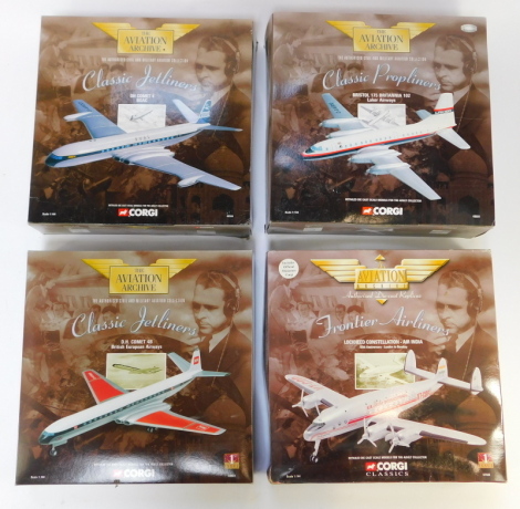 Four Corgi Aviation Archive diecast models, 1:144 scale, comprising DH Comet 4BOAC, DC Comet 4D British European Airways, Lockheed Constellation Air India, and Bristol 175 Britannia 102, boxed.