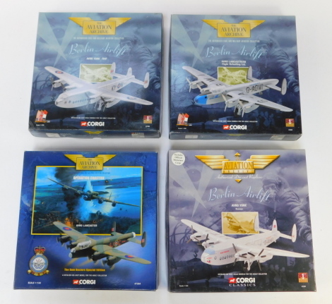 Four Corgi Aviation Archive diecast models, 1:144 scale, comprising Dambusters Special Edition Avro Lancaster, Berlin Air Lift Avro York Skyways, RAF and Lancastrian, boxed.