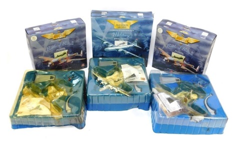 Three Corgi Aviation Aircraft diecast models, 1:144 scale, comprising Boeing B29 Super Fortress, Avro Lancaster (2), boxed, together with three further diecast models, lacking outer packaging.