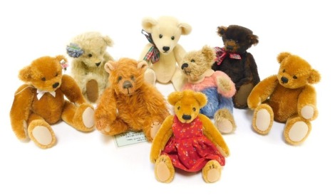 Eight mohair Teddy bears, to include Bohemian Bears Ivan, 17cm high, Louisa's Bears tipped mohair bear named Hamish, 21cm high, etc.