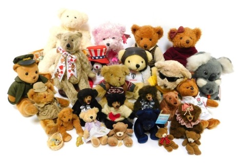 A group of soft toy bears, to include a Harrods plush doorman or chauffeur bear, a commemorative England Rugby bear, further bears in various costume, etc. (1 box)