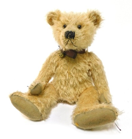 A Winter Bears by Jacqueline Winter mohair Teddy bear, named Dandelion, oatmeal colouring with leather bell collar, 37cm high overall.